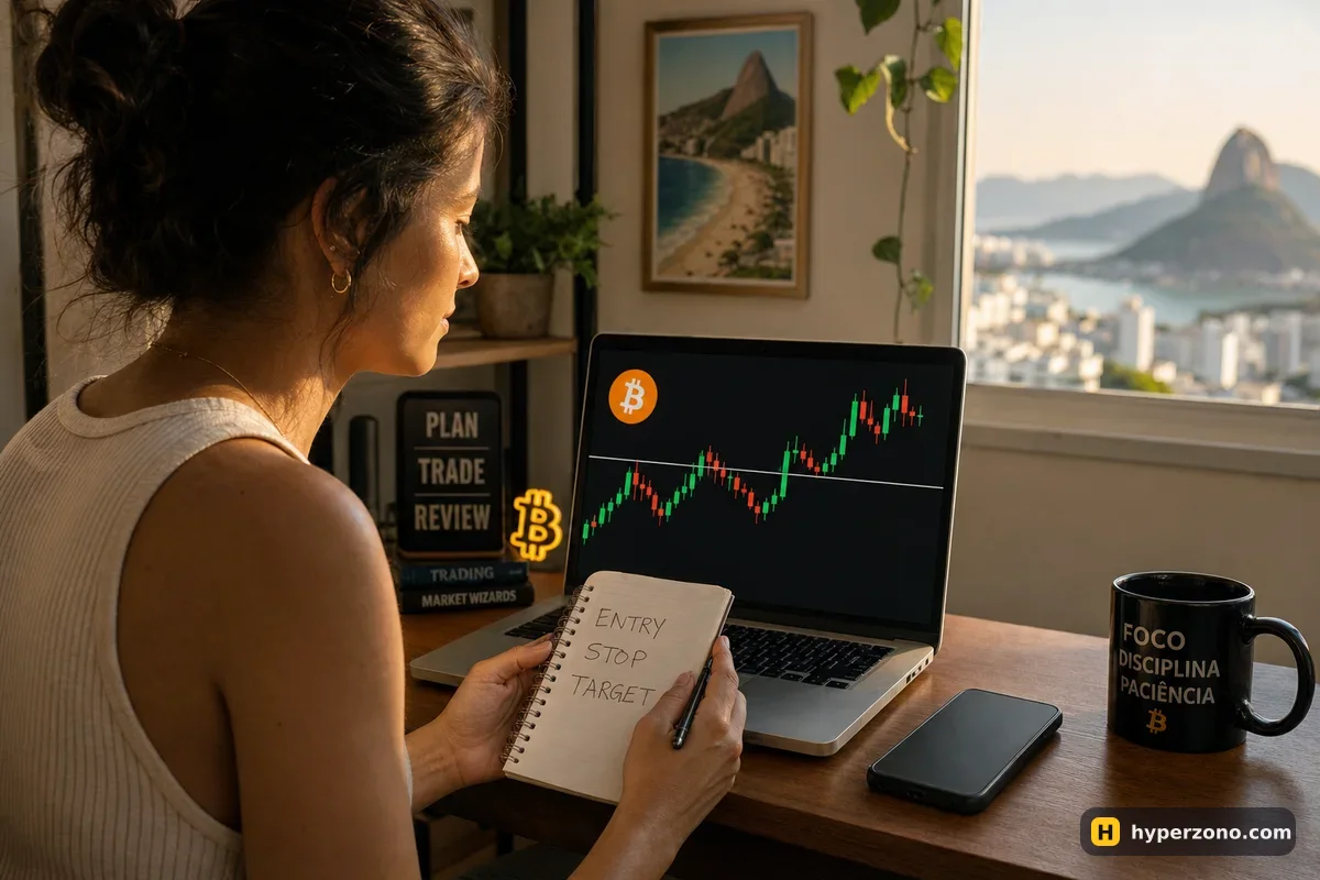 Woman writing entry, stop and target in a paper notebook next to a laptop showing a Bitcoin candlestick chart