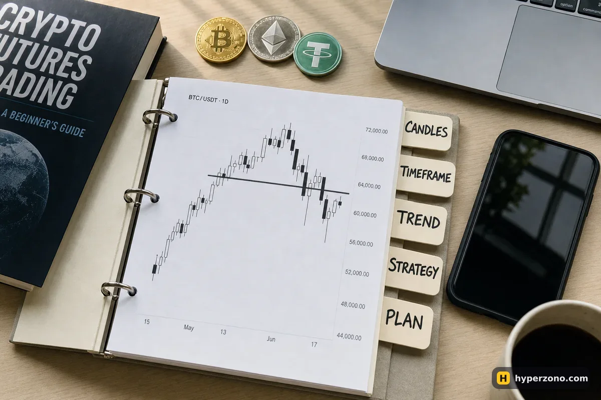 Ring binder with tabs labelled CANDLES, TIMEFRAME, TREND, STRATEGY, PLAN over a printed candlestick chart