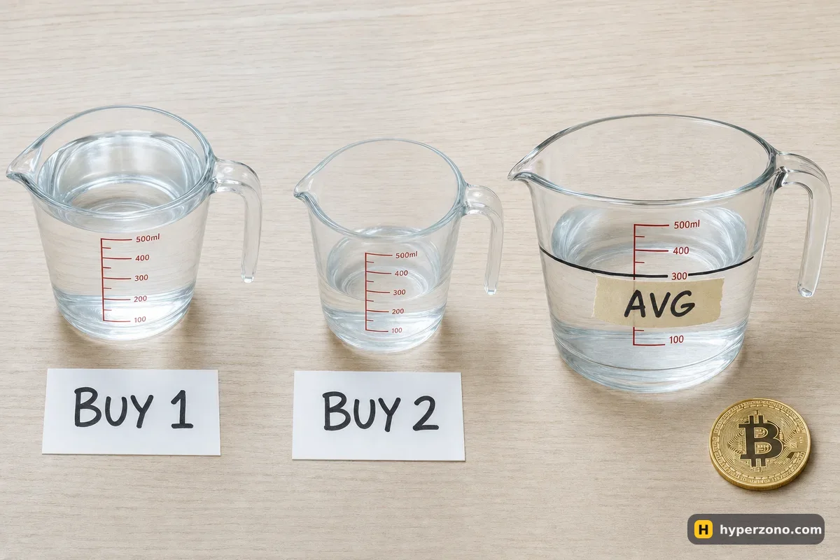 Two measuring jugs labelled BUY 1 and BUY 2 poured into a third jug marked AVG, with a Bitcoin coin beside it