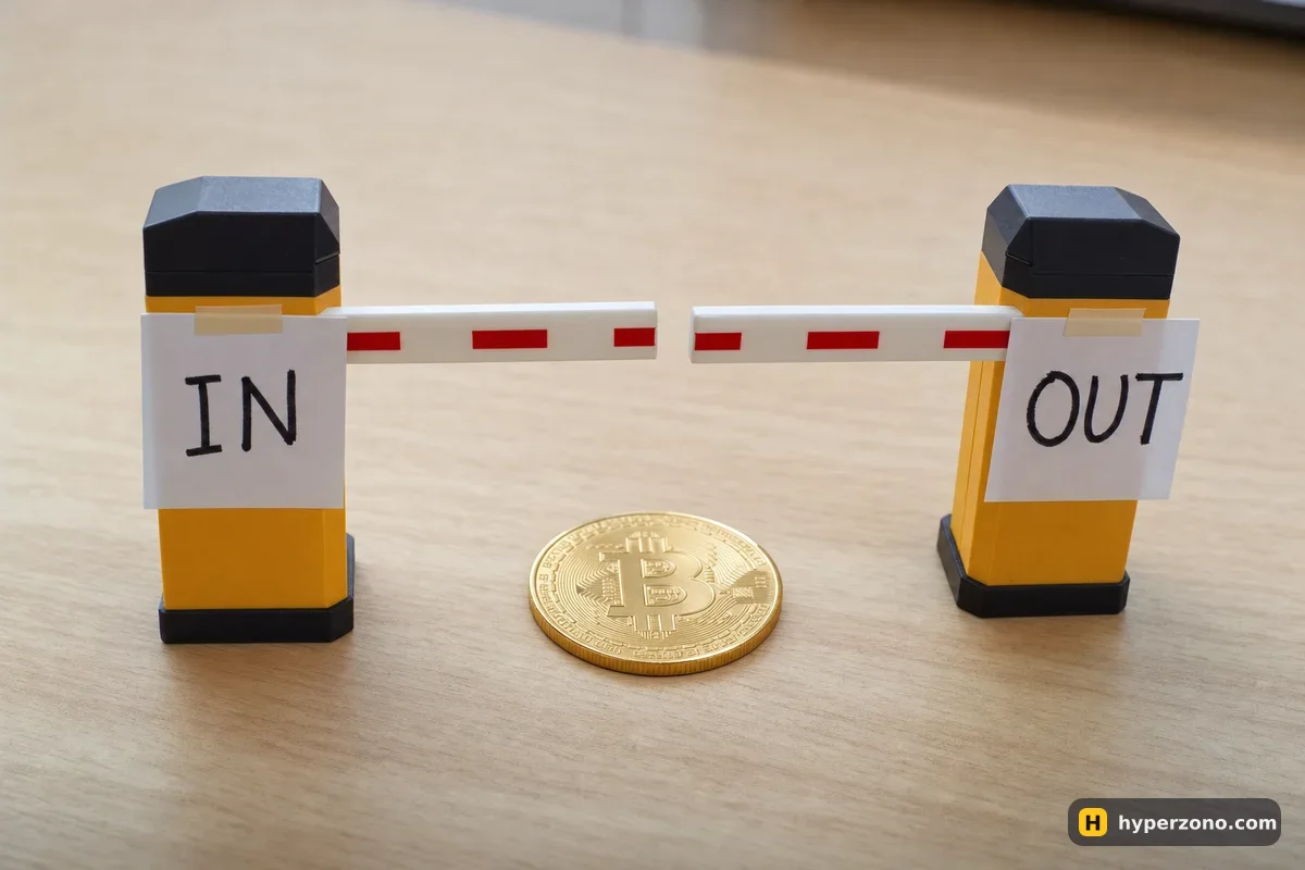 Two small toll barriers marked IN and OUT on a desk with a gold Bitcoin coin between them