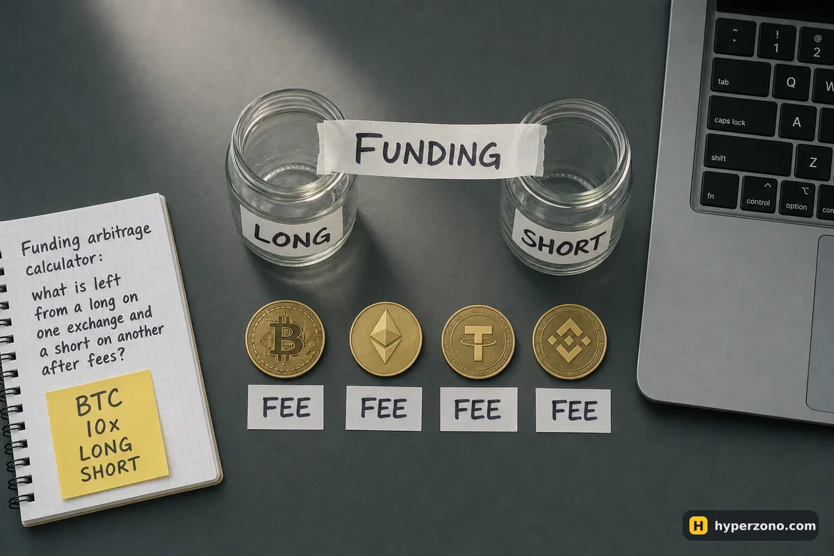 Two labelled jars, LONG and SHORT, joined by a paper strip marked FUNDING, with four coins tagged FEE lying in front of them.