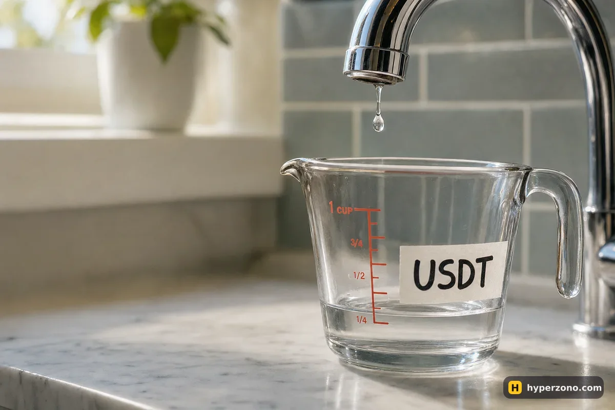 A faucet dripping slowly into a glass measuring cup labeled USDT