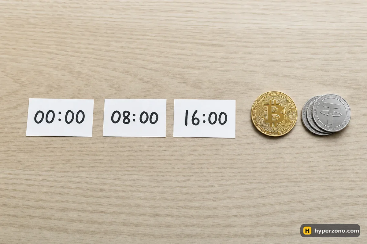 Three paper tags reading 00:00, 08:00 and 16:00 next to a Bitcoin coin and a few small coins on a desk