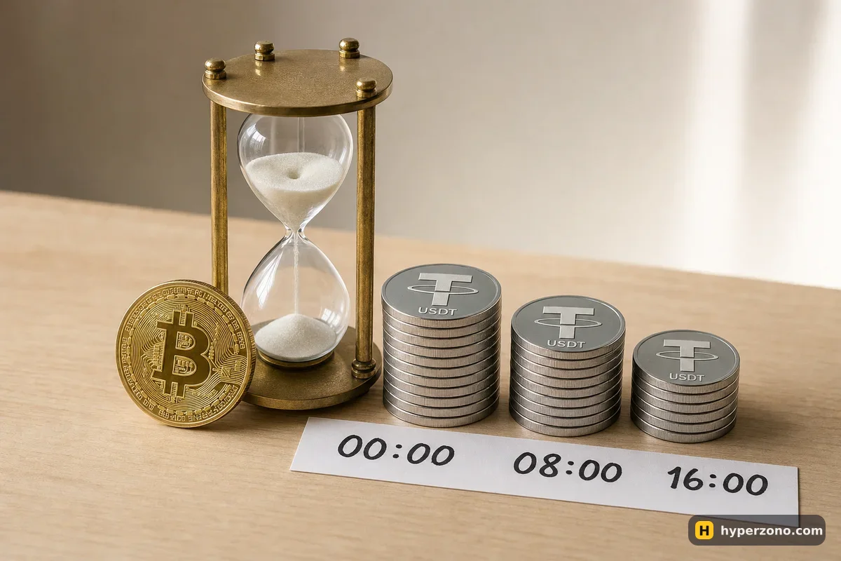 An hourglass on a desk beside stacks of USDT coins and a paper strip reading 00:00, 08:00, 16:00