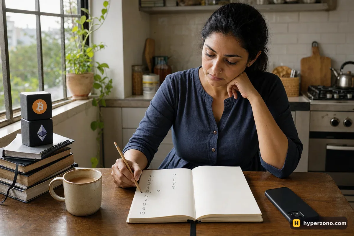 A woman at a kitchen table with her phone face down, marking question marks next to numbered lines in a notebook