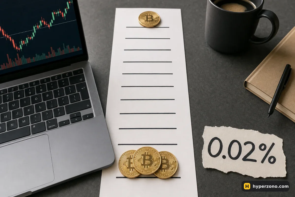 Paper strip with ten evenly spaced lines, Bitcoin coins piled on the lowest line and one on the top line, next to a tag reading 0.02%