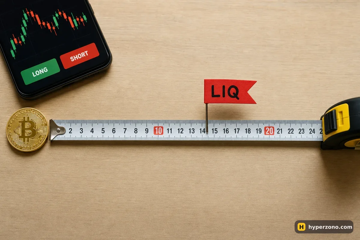 A tape measure on a desk with a Bitcoin coin at the start and a small red flag marked LIQ further along