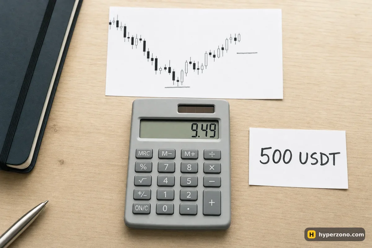 A pocket calculator showing 9.49 next to a printed candlestick chart and a slip of paper reading 500 USDT