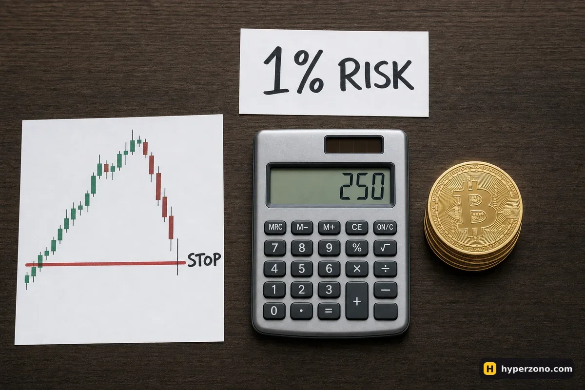 Calculator showing 250 next to a stack of Bitcoin coins, a printed chart with a red STOP line and a card reading 1% RISK