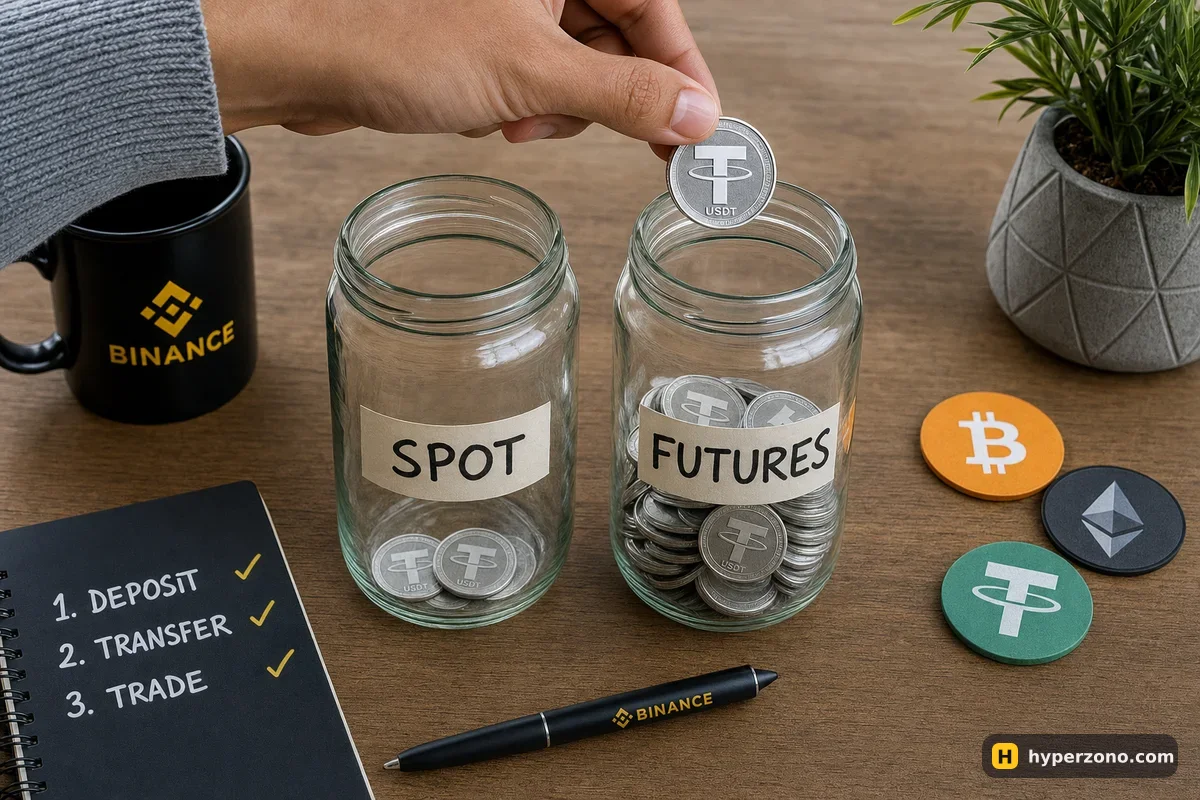 Two labelled glass jars, SPOT and FUTURES, with a hand moving a USDT coin between them