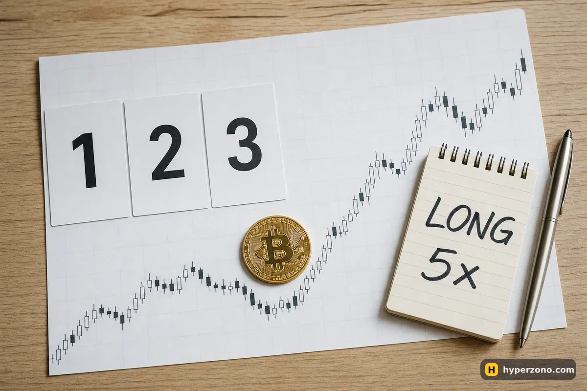 Bitcoin coin on a printed candlestick chart with cards numbered 1, 2, 3 and a note reading LONG 5x