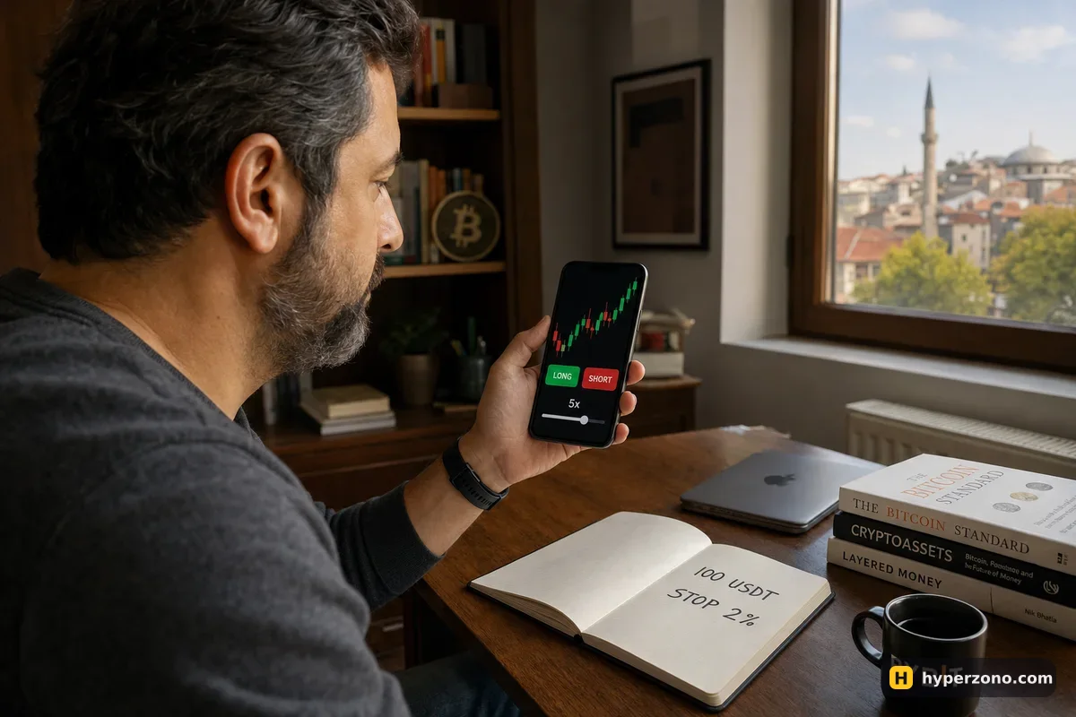 A man holding a phone showing LONG and SHORT buttons and a 5x leverage slider, with a notebook reading 100 USDT and STOP 2%