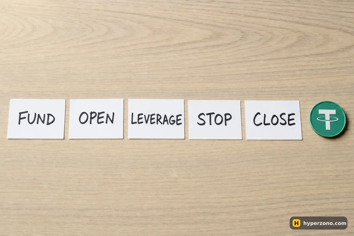 Five cards in a row reading FUND, OPEN, LEVERAGE, STOP, CLOSE, next to a green USDT coin