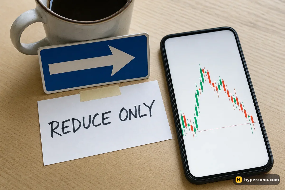 A one-way street sign labeled REDUCE ONLY propped next to a phone showing a candlestick chart