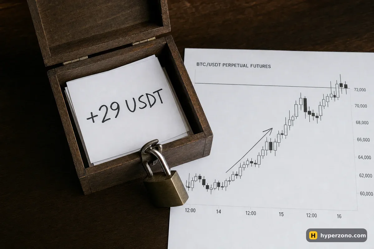A padlock closing on a small wooden box holding a slip of paper reading +29 USDT, next to a printed candlestick chart