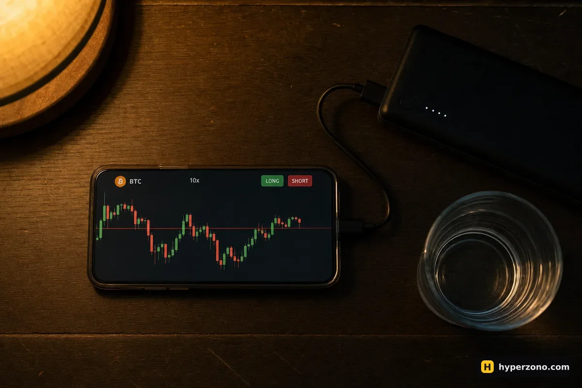 Phone with a chart and a red stop line, plugged into a power bank on a table at night
