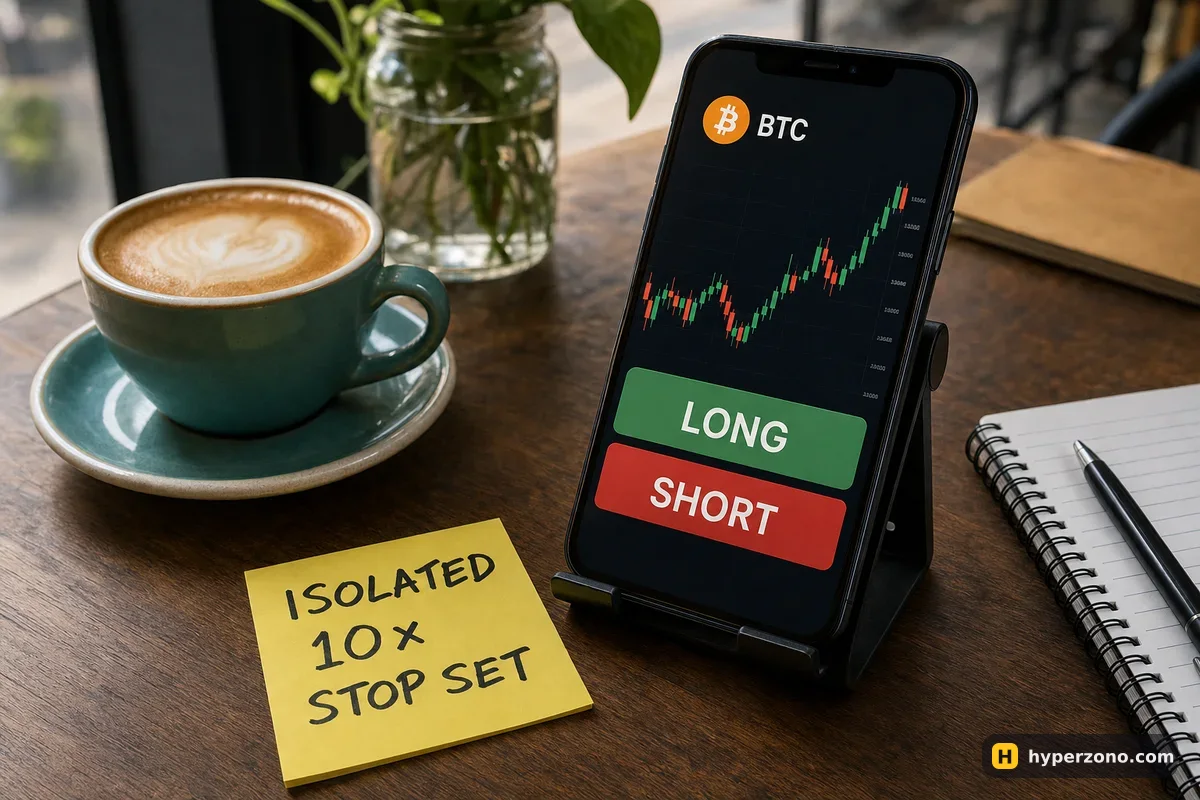 Phone in a stand showing a Bitcoin chart with LONG and SHORT buttons, and a sticky note reading ISOLATED, 10x, STOP SET