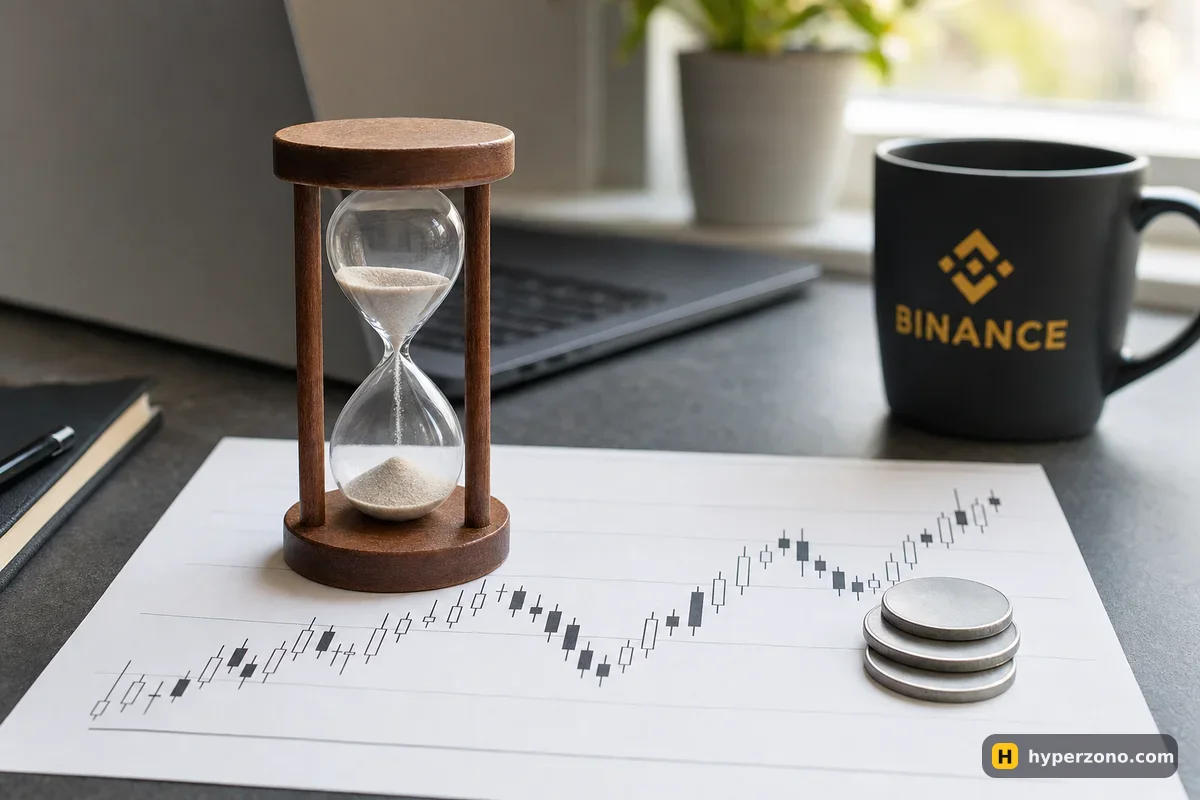 An hourglass standing on a printed candlestick chart next to a small stack of coins