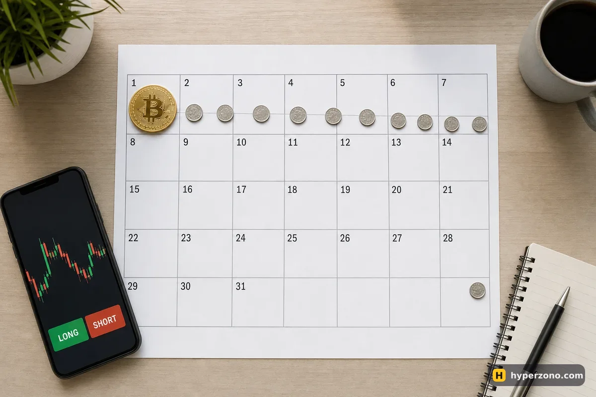 A calendar with a Bitcoin coin on day one and a trail of small coins across the month