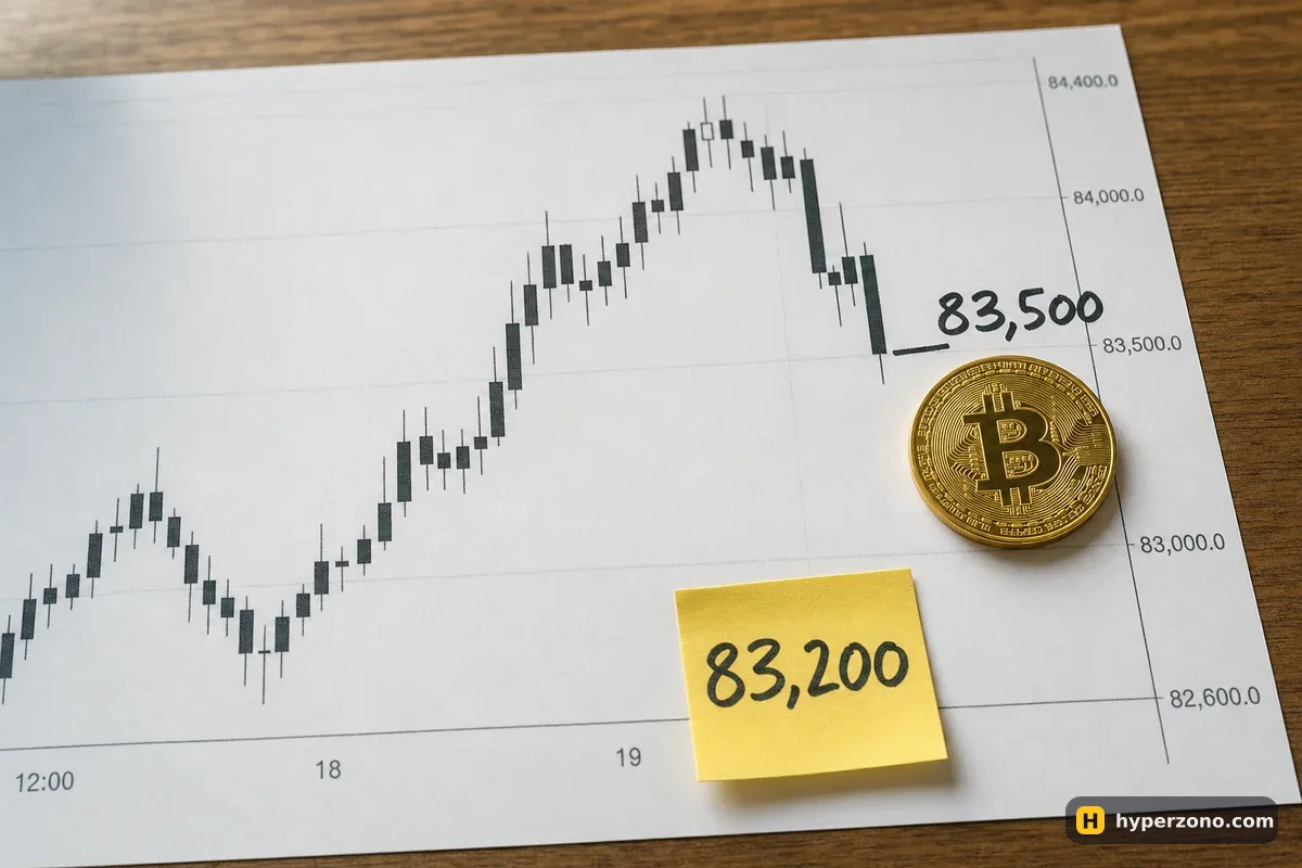 Printed candlestick chart with a Bitcoin coin, 83,500 marked at the current price and a yellow sticky note reading 83,200 lower on the chart