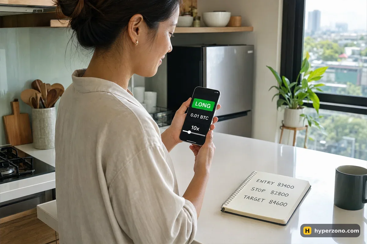 A woman holding a phone showing a green LONG button and 0.01 BTC quantity, next to a notebook with entry, stop and target prices