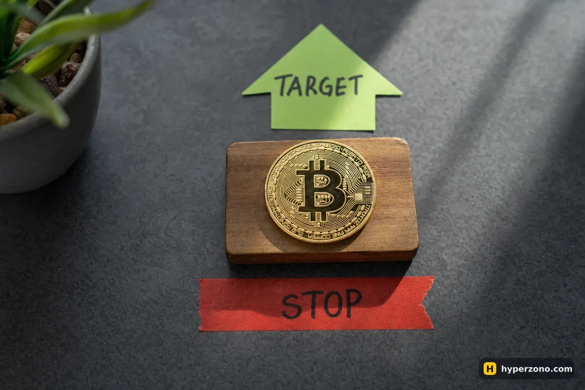 A Bitcoin coin resting on a wooden block, with a red STOP line below it and a green TARGET arrow above