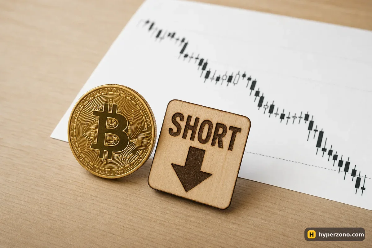 Bitcoin coin beside a wooden sign with a downward arrow and the word SHORT, with a falling candlestick chart on paper behind it