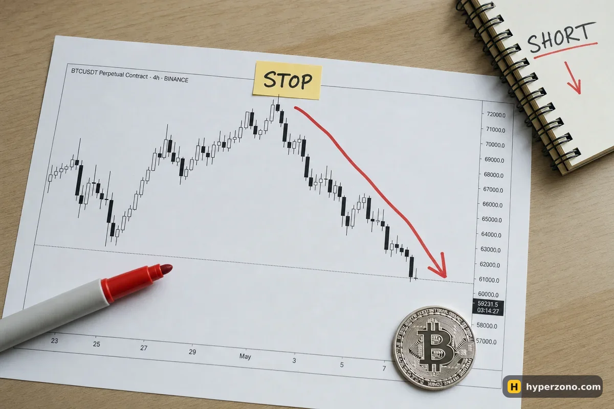 Printed bitcoin chart with a red downward arrow and a sticky note marked STOP placed above the highest candle