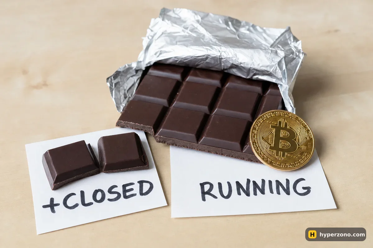 Two squares broken off a chocolate bar on a card marked CLOSED, the rest of the bar on a card marked RUNNING, with a Bitcoin coin beside it.