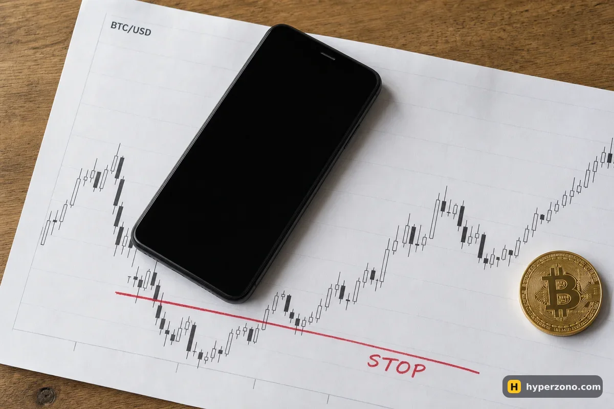 Switched-off phone lying on a printed Bitcoin candlestick chart with a red STOP line drawn under it