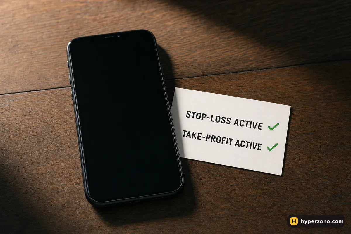 A switched-off smartphone on a table beside a card reading stop-loss active and take-profit active