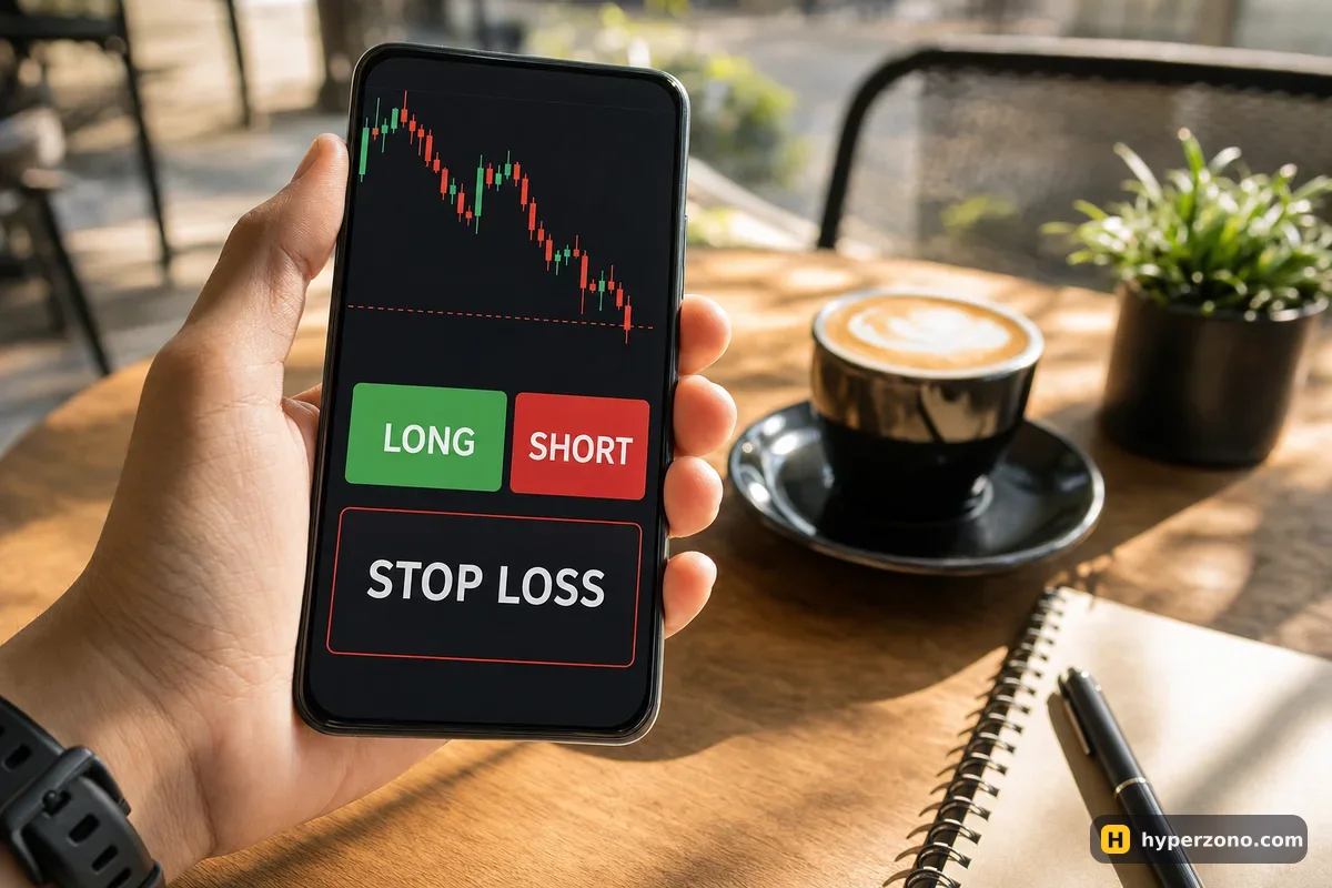 A phone showing a simple trading panel with LONG and SHORT buttons and a highlighted stop loss field