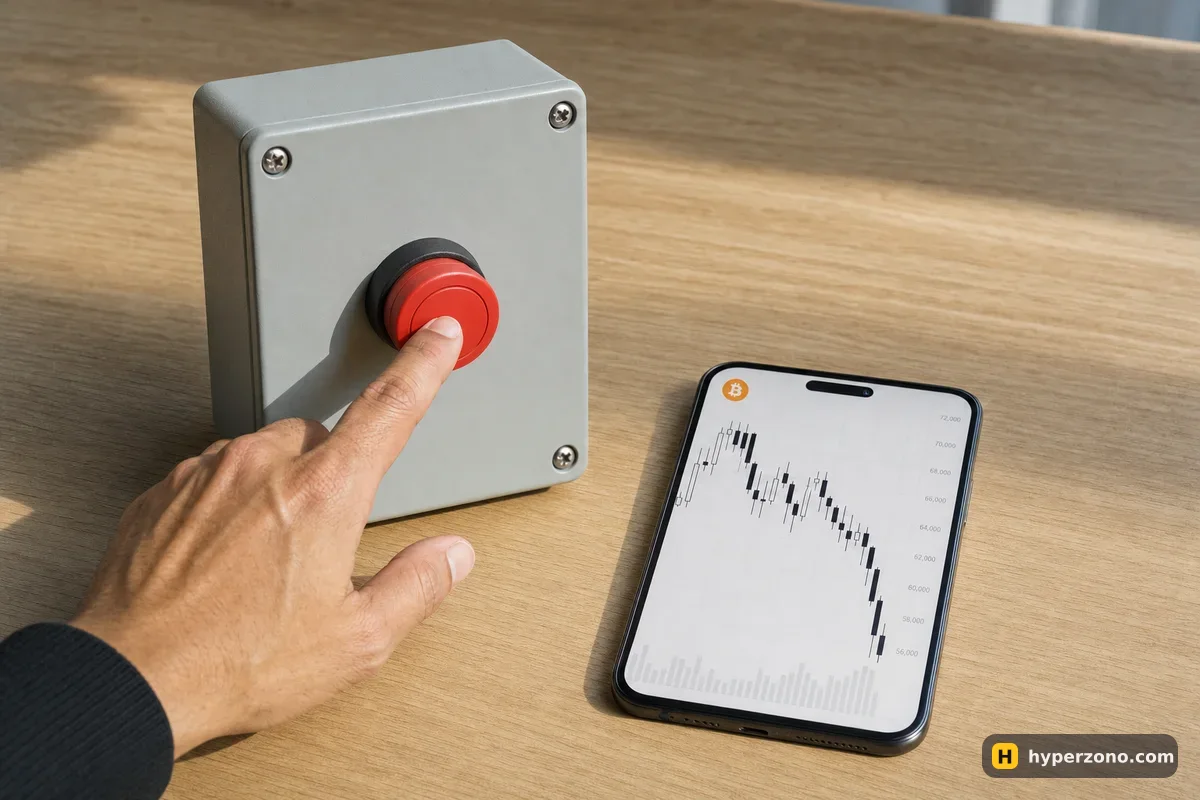 A hand pressing a big red stop button next to a phone showing a falling bitcoin chart