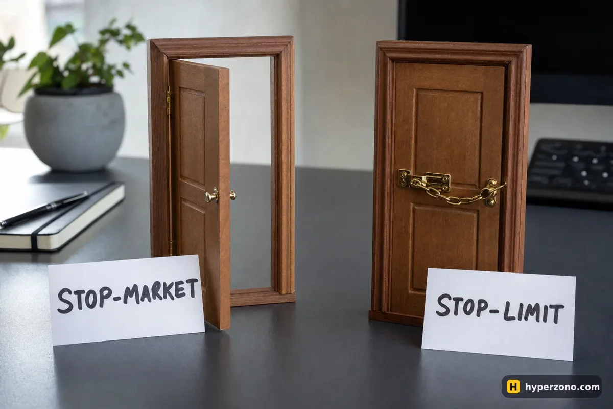 Two model doors on a desk: one wide open labelled stop-market, one chained almost shut labelled stop-limit