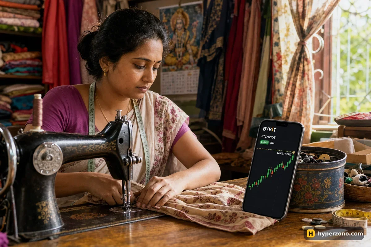 A tailor working at her sewing machine while her phone on the bench shows a rising bitcoin chart