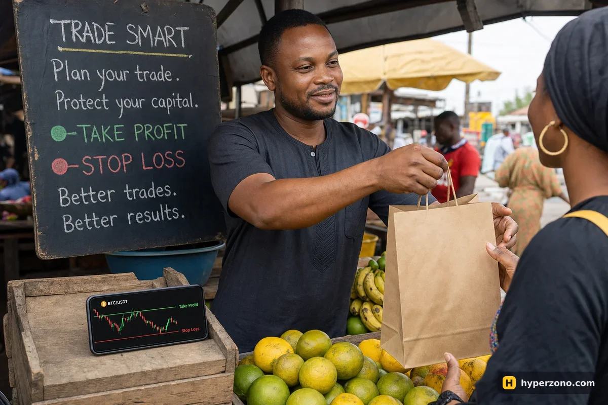 A market seller serving a customer while his phone on the counter shows a chart with a green line above price and a red line below