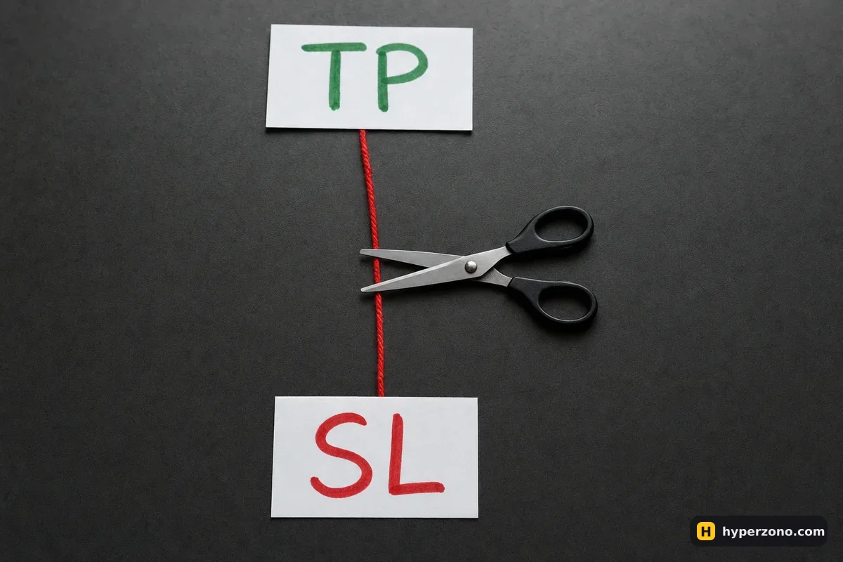 Two paper cards marked TP and SL joined by a red string, with scissors beside the string