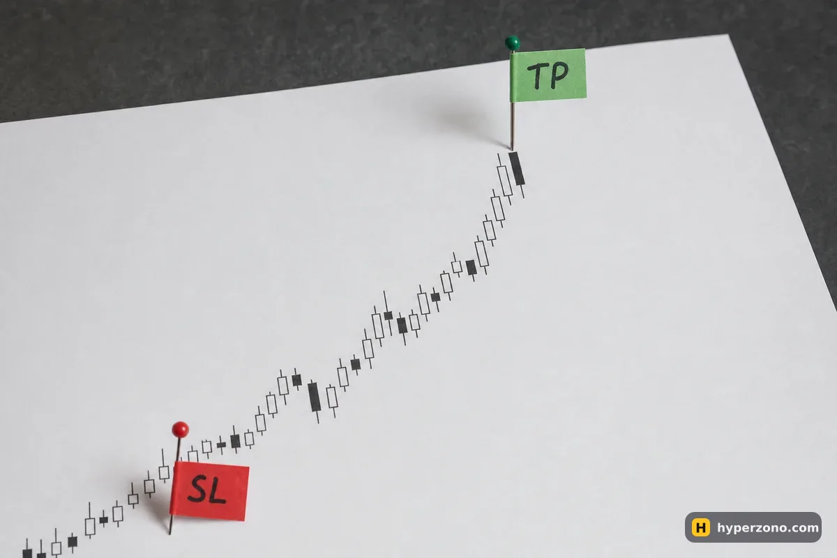 Printed bitcoin candlestick chart with a green TP flag pinned above the candles and a red SL flag pinned below