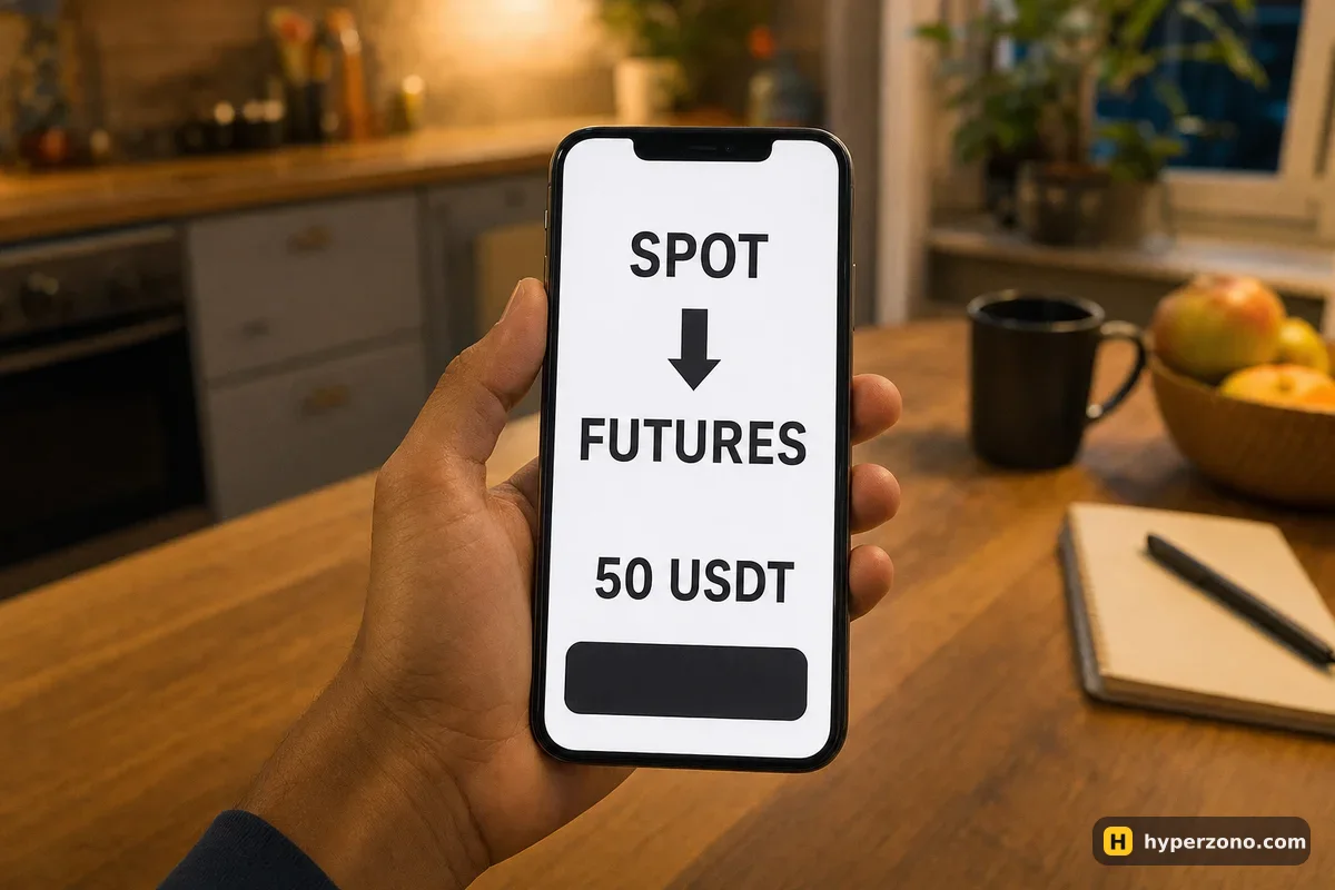 Phone screen showing a simple transfer from SPOT to FUTURES of 50 USDT with a confirm button