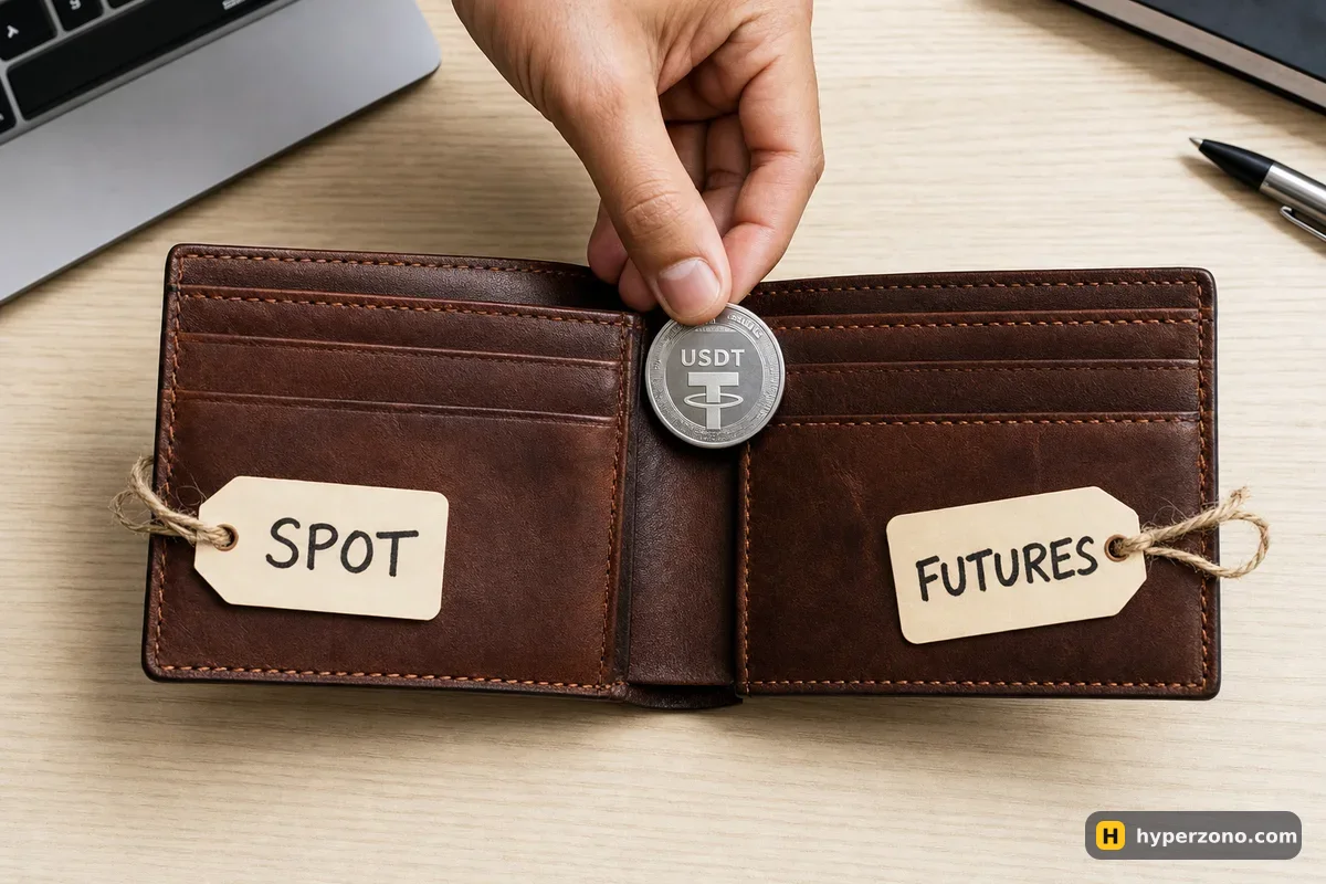 Open leather wallet with two compartments labeled SPOT and FUTURES, a hand moving a USDT coin from one to the other