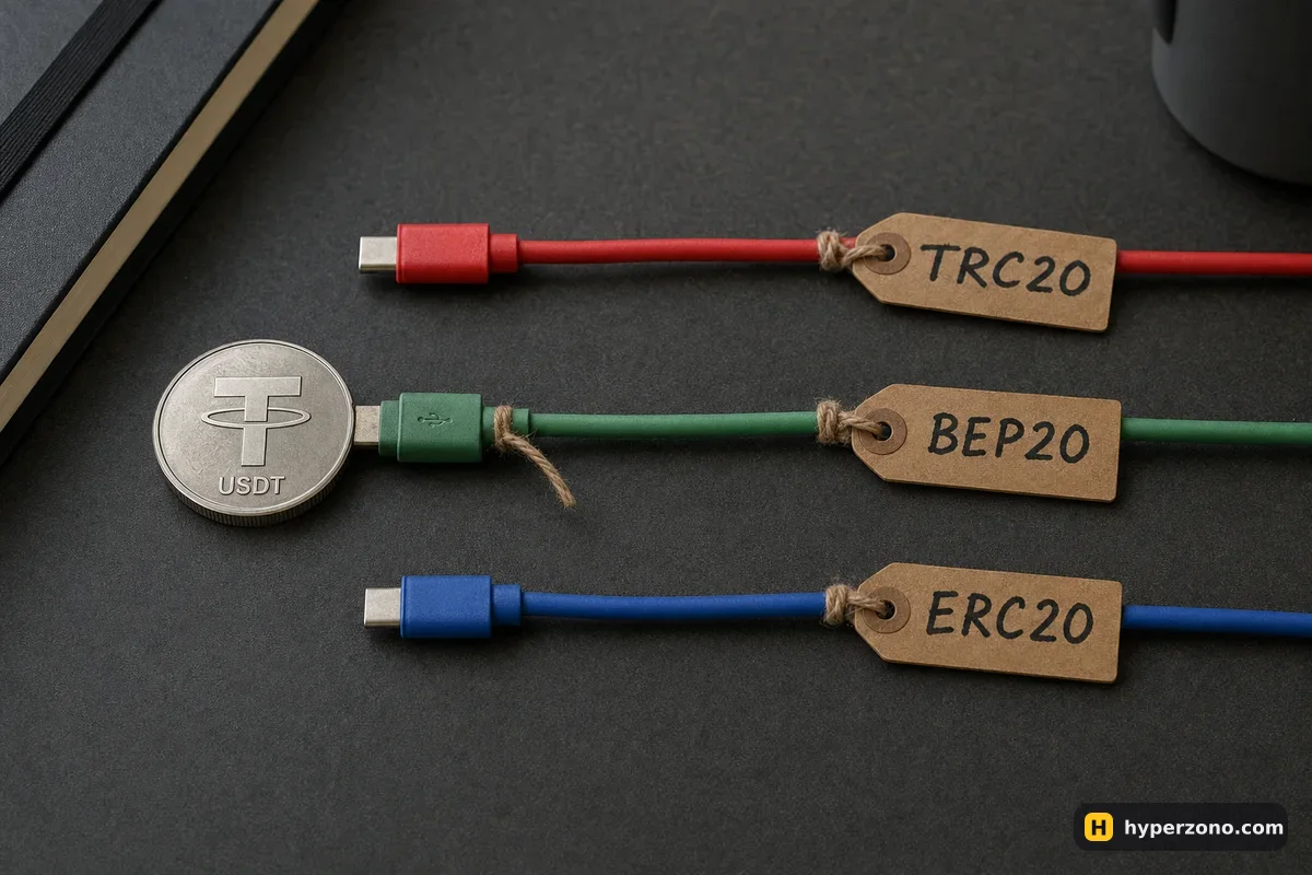 Three labelled cables marked TRC20, BEP20 and ERC20 with a USDT coin at the start of one of them