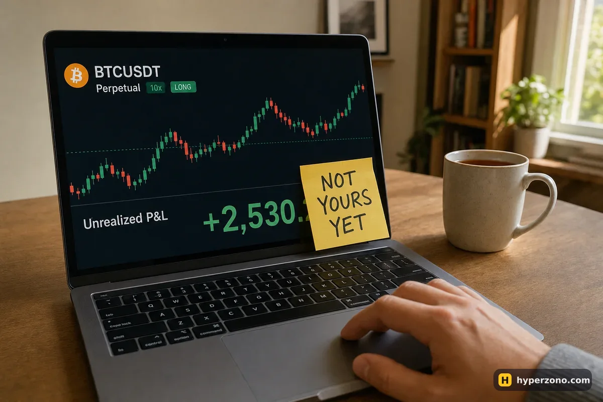 A laptop showing an open trade with a yellow sticky note reading NOT YOURS YET over the green profit number