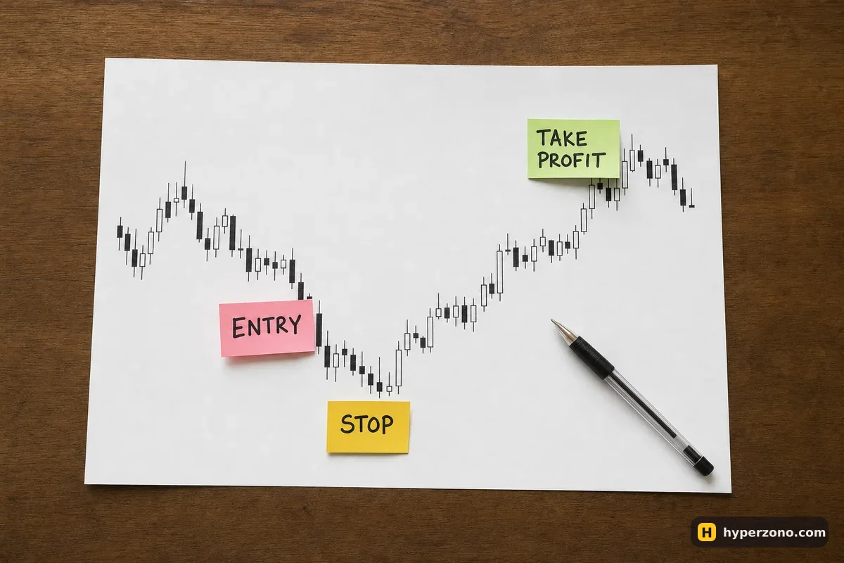 A printed Bitcoin candlestick chart on a table with three sticky notes marked ENTRY, STOP and TAKE PROFIT, and a pen beside them