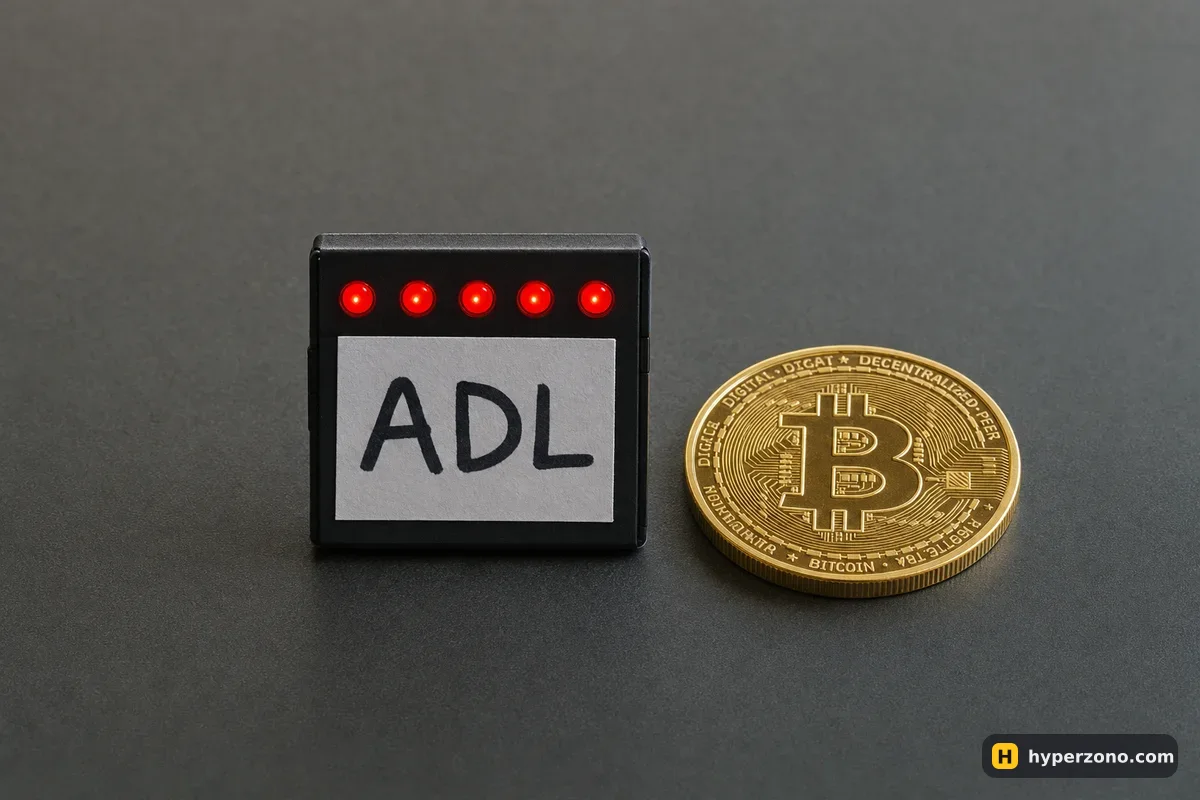 A small panel with five red indicator lights all lit, labelled ADL, next to a bitcoin coin
