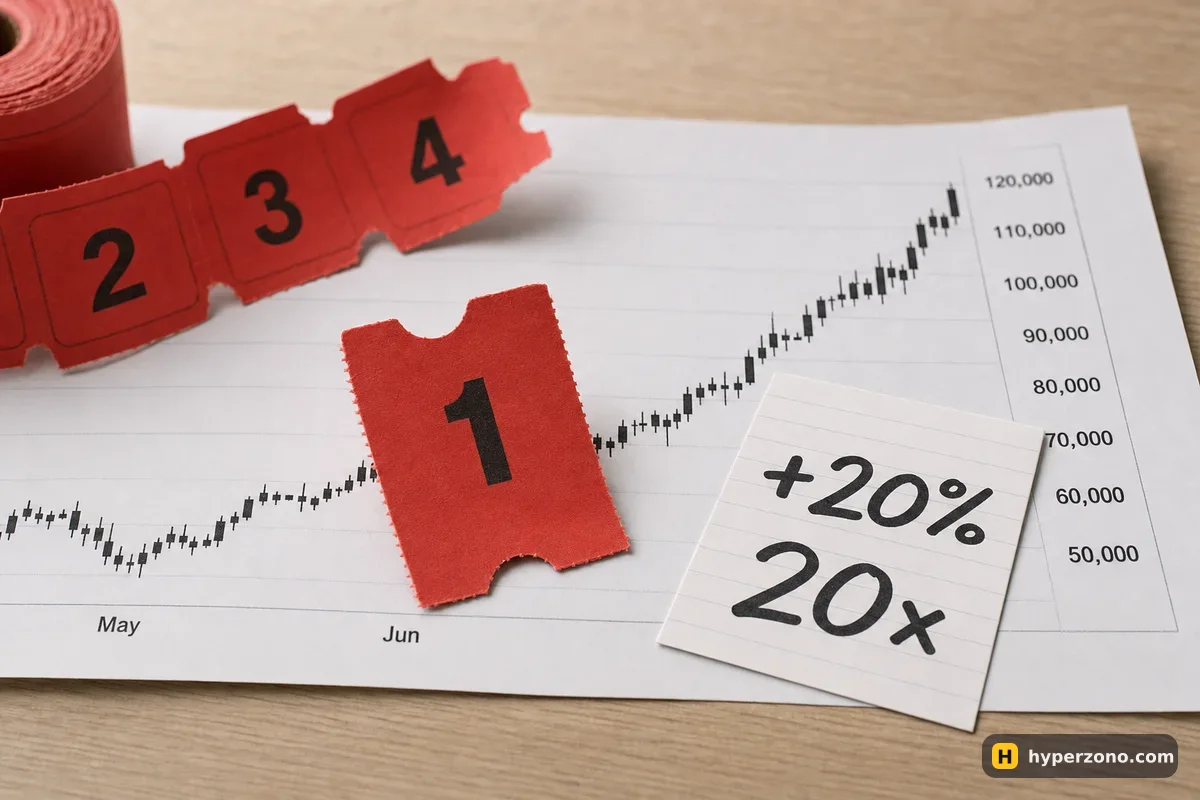 A paper queue ticket numbered 1 lying on a rising candlestick chart next to a card reading plus 20 percent and 20x