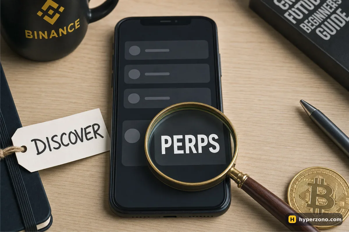 A phone on a desk showing a simple list with a PERPS row under a magnifying glass, next to a paper tag reading DISCOVER