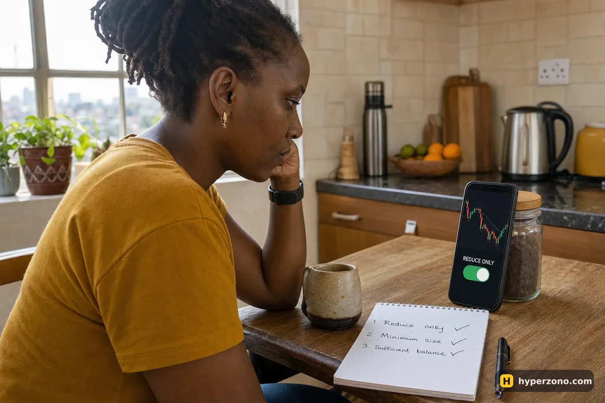 A woman at a kitchen table checking a phone screen showing a large REDUCE ONLY toggle, with a short checklist beside it