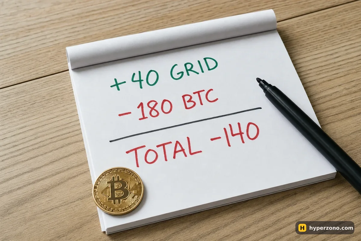 Notepad with handwritten numbers: grid profit plus 40, open BTC position minus 180, total minus 140, next to a Bitcoin coin