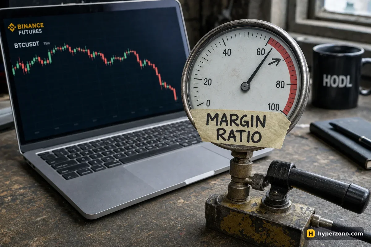 An analogue pressure gauge with the needle near 100 in the red zone, labelled MARGIN RATIO on masking tape with a mark at 80