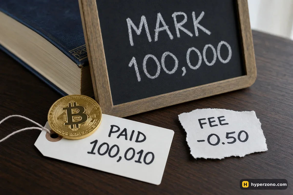 A Bitcoin coin on a price tag reading PAID 100,010, a slate behind it reading MARK 100,000 and a slip reading FEE -0.50